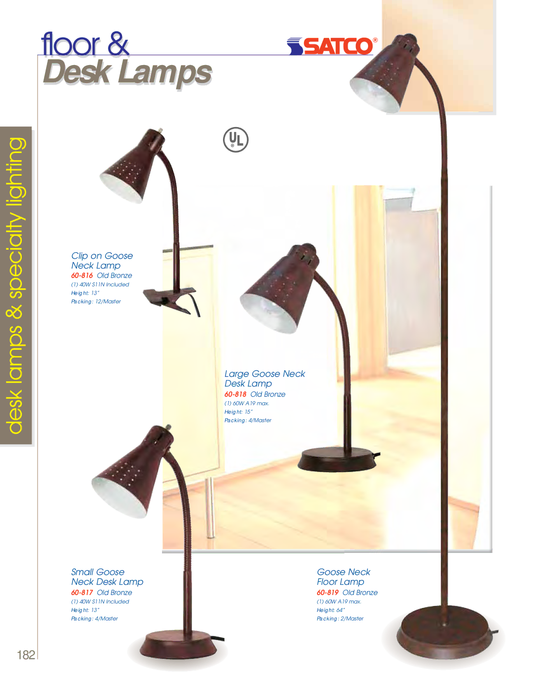 Satco Products 60-801, 60-800, 60-802 manual Clip on Goose Neck Lamp, Large Goose Neck Desk Lamp 