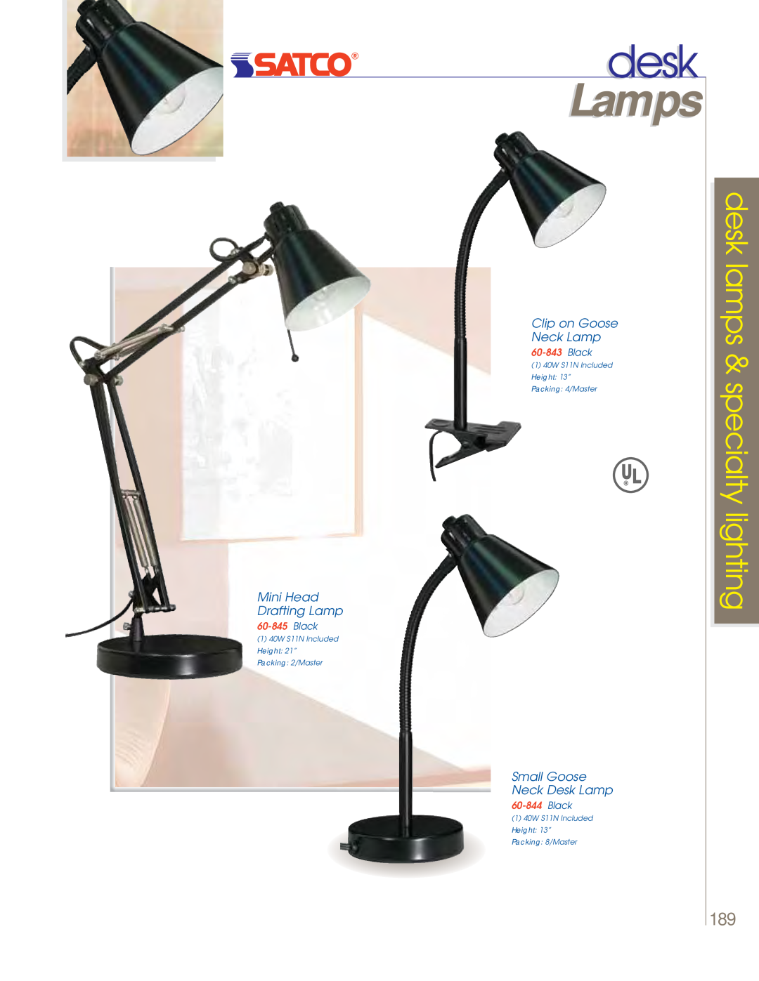 Satco Products 60-800 Lamps, desk lamps & specialty lighting, Mini Head Drafting Lamp, Clip on Goose Neck Lamp, Black 