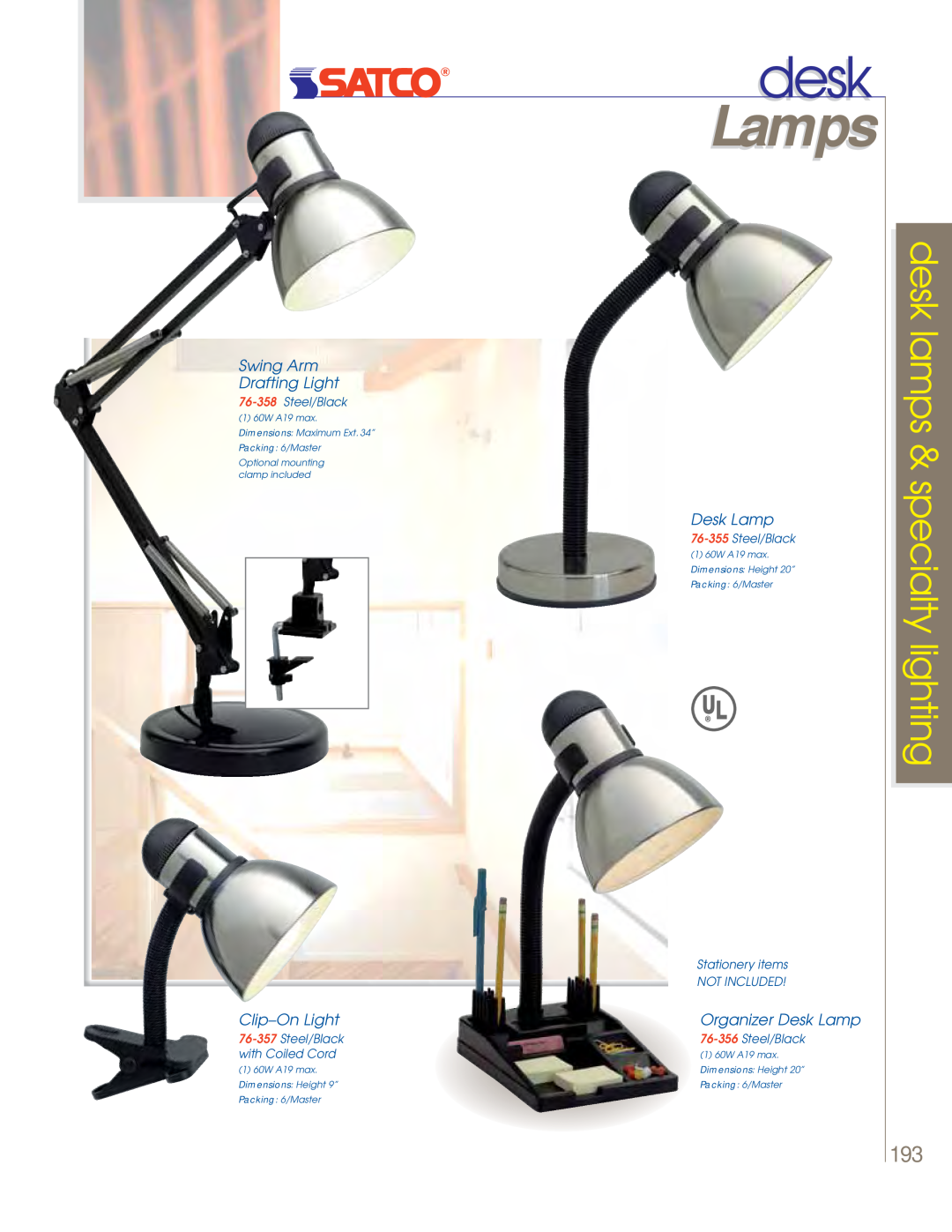 Satco Products 60-801 manual Lamps, desk lamps & specialty lighting, Swing Arm Drafting Light, Clip-OnLight, Desk Lamp 