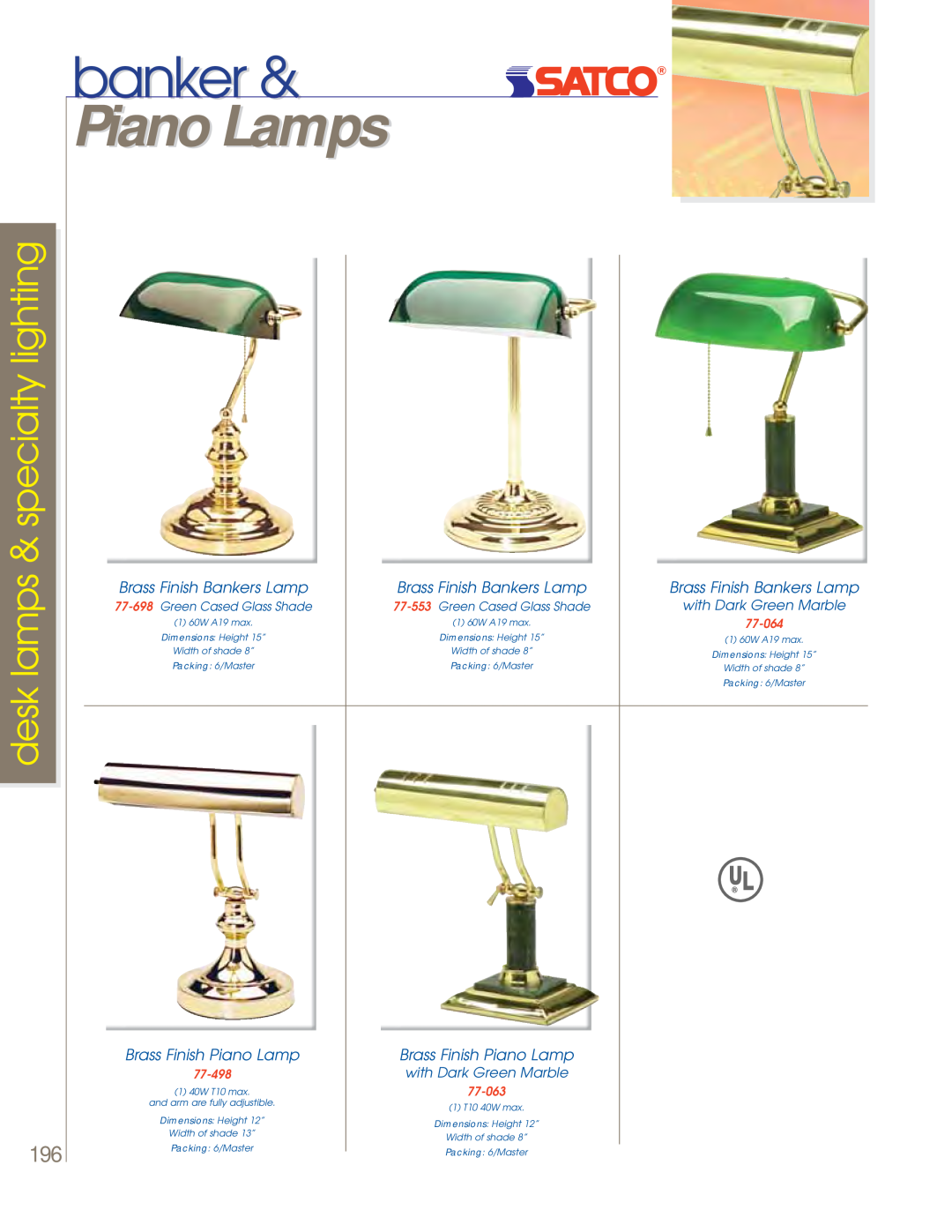 Satco Products 60-801 Piano Lamps, banker, desk lamps & specialty lighting, Brass Finish Bankers Lamp, 77-064, 77-498 