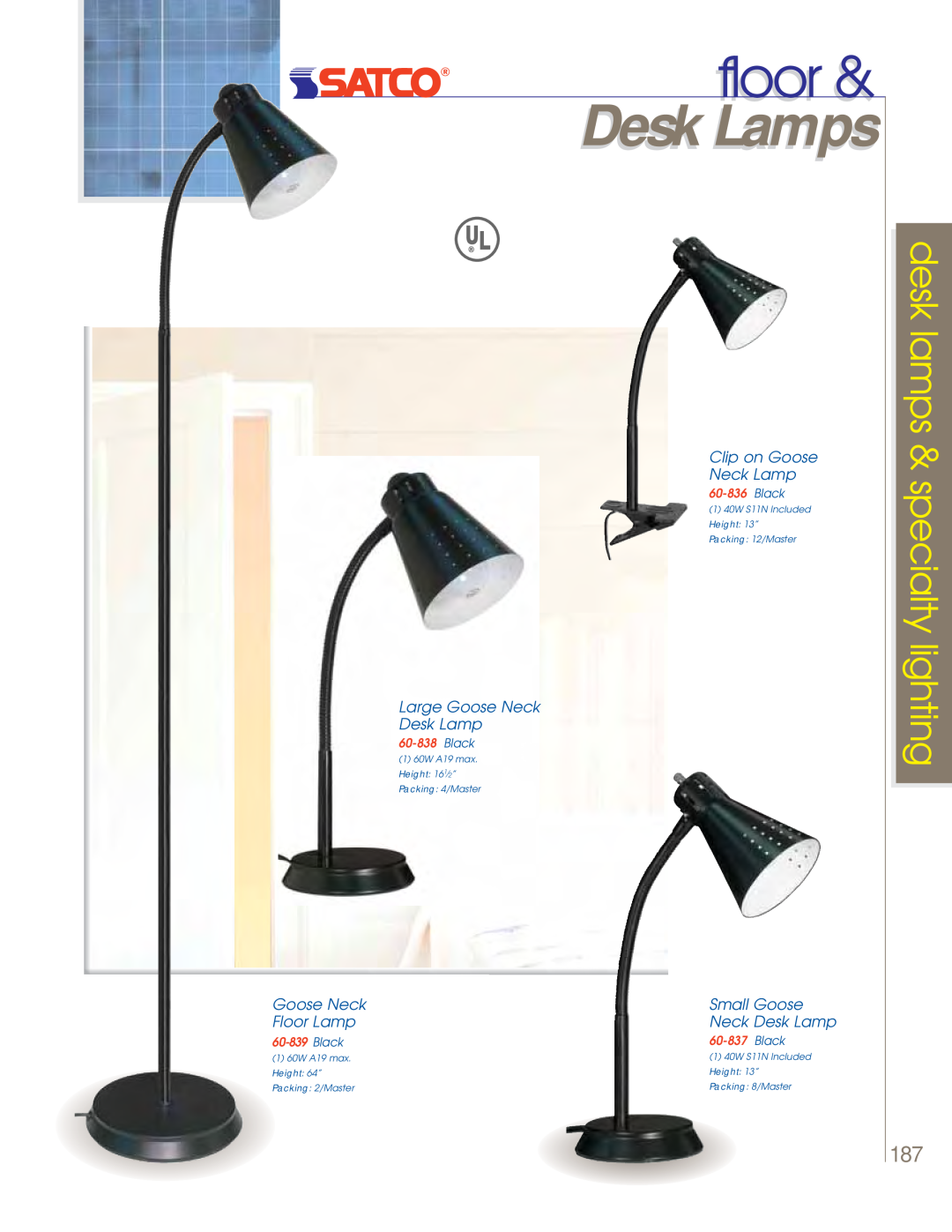 Satco Products 60-802 floor, Desk Lamps, desk lamps & specialty lighting, Goose Neck Floor Lamp, Clip on Goose Neck Lamp 