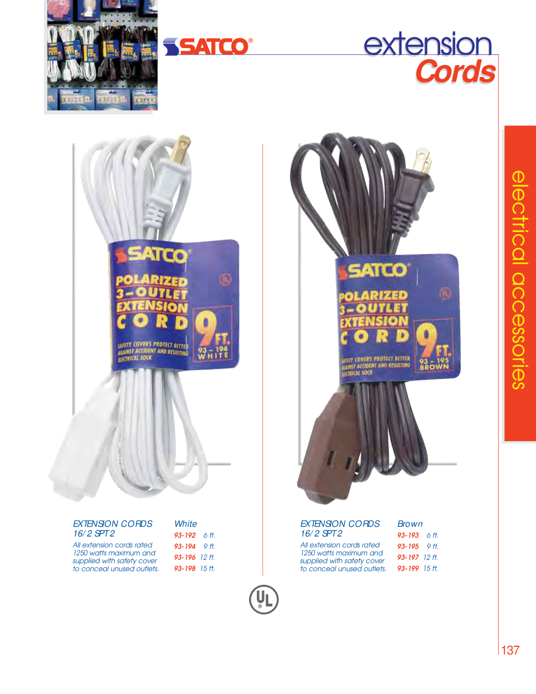 Satco Products 75-046, 76-529, 75-047 manual Extension Cords 16/2 SPT, White, Brown 