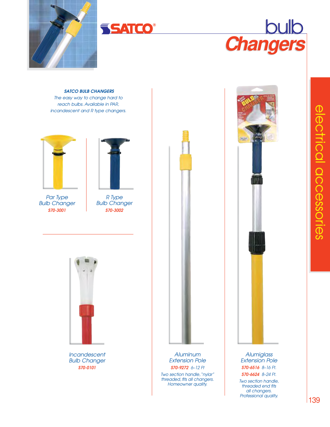 Satco Products 76-529, 75-046 bulb, Par Type, R Type, Incandescent Bulb Changer, Aluminum Extension Pole, Changers 