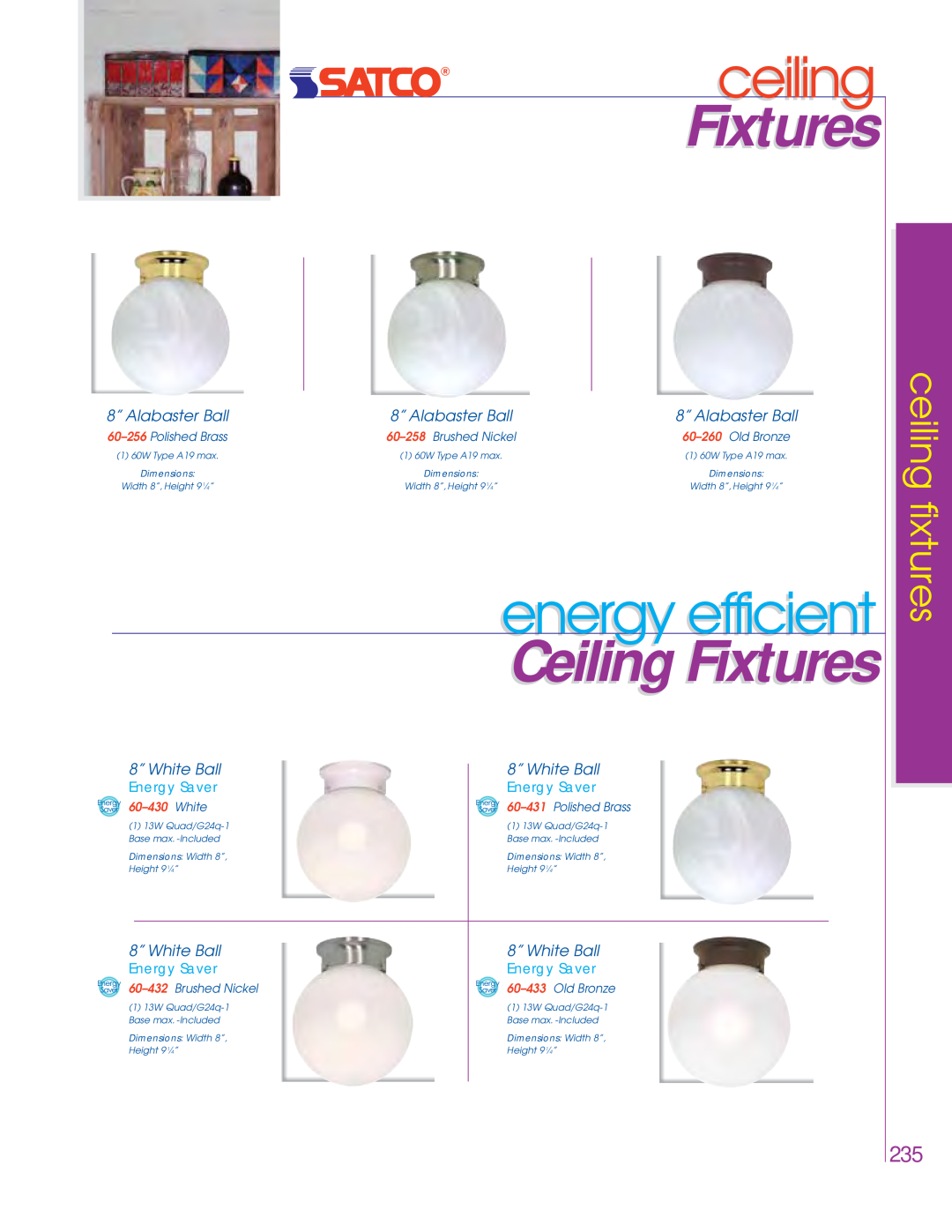 Satco Products 76-693 ceiling, energy efficient, Ceiling Fixtures, fixtures, 8” Alabaster Ball, Energy Saver, Old Bronze 