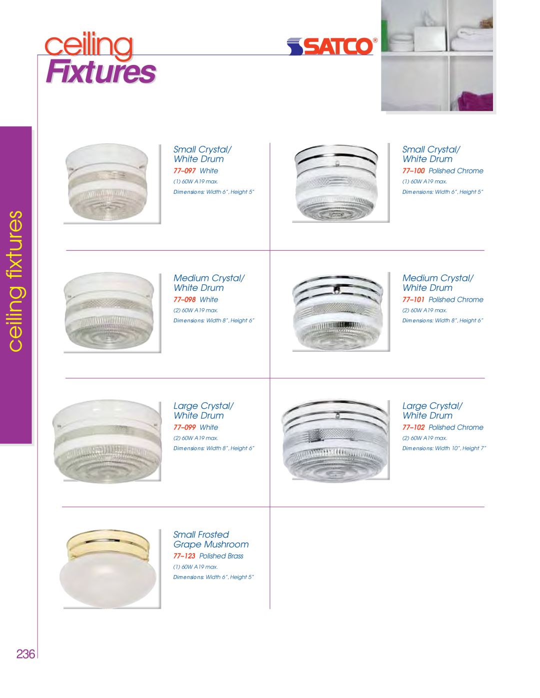 Satco Products 76-694 Small Crystal, White Drum, Medium Crystal, Large Crystal, Small Frosted Grape Mushroom, ceiling 