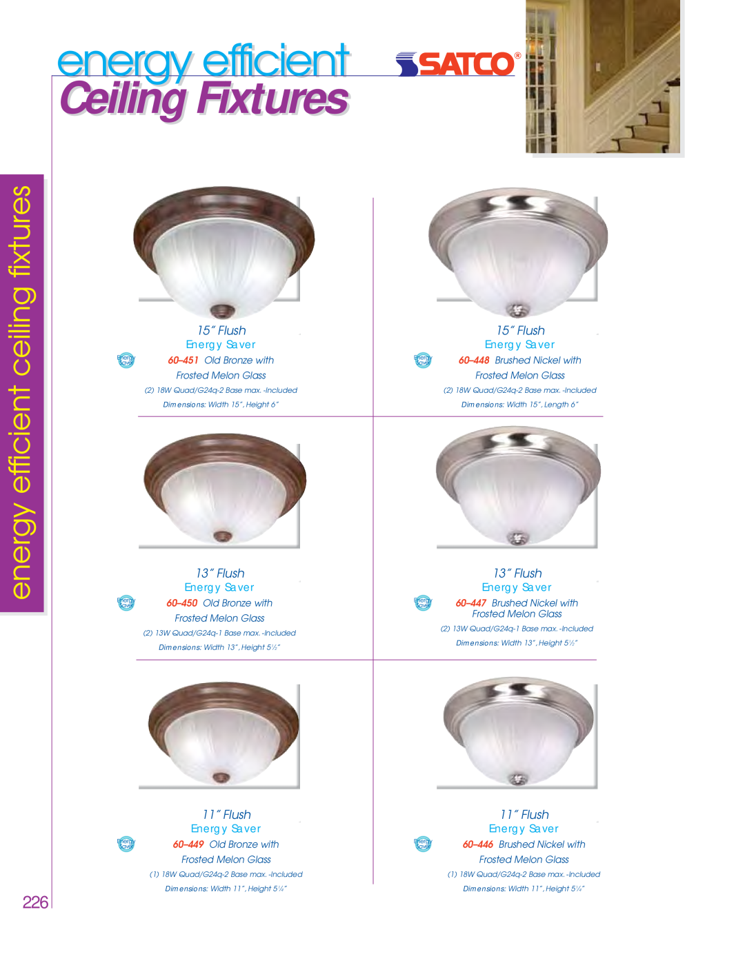 Satco Products 76-693, 76-694 Ceiling Fixtures, energy efficient ceiling fixtures, 15” Flush, 13” Flush, 11” Flush 