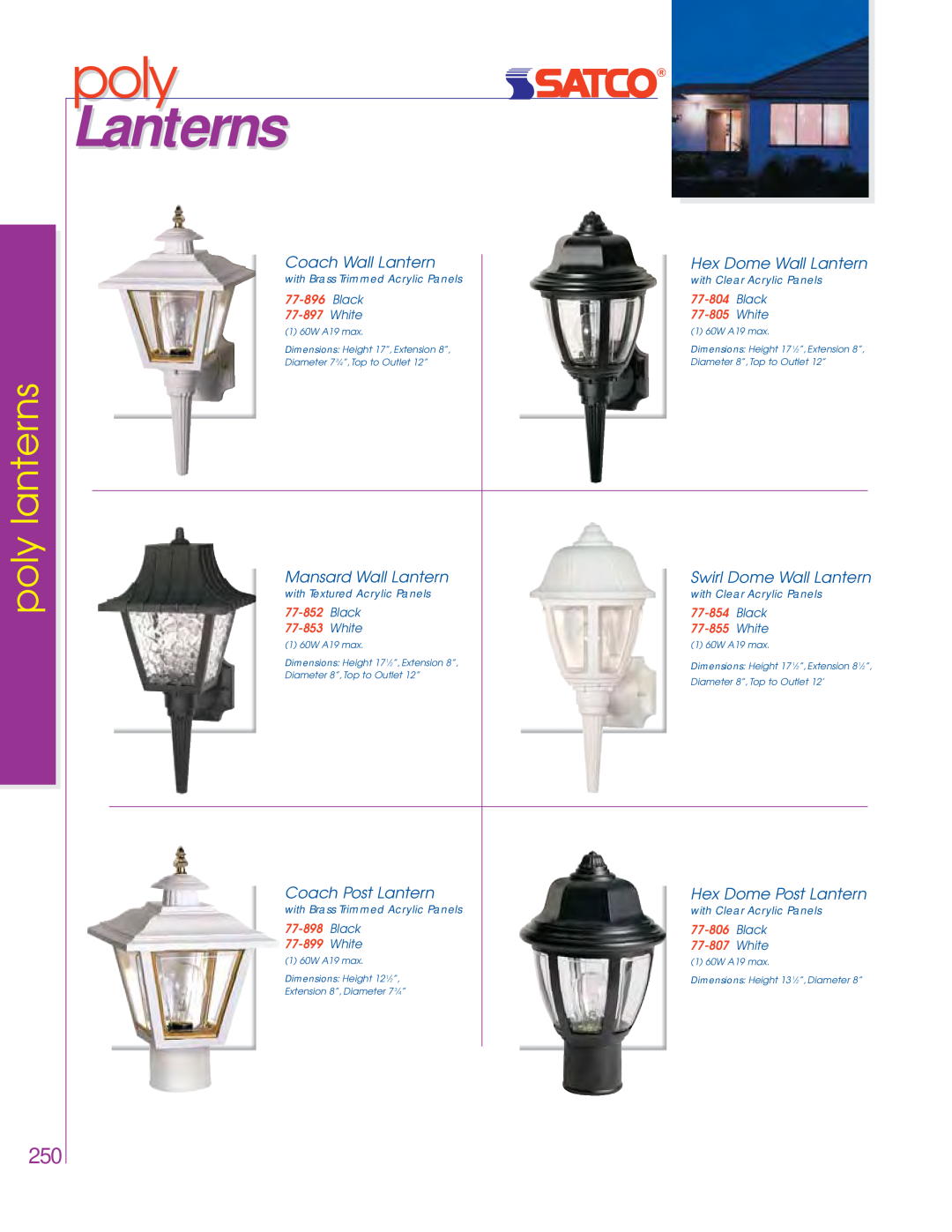 Satco Products 76-281 Lanterns, poly lanterns, Coach Wall Lantern, Hex Dome Wall Lantern, Mansard Wall Lantern, Black 