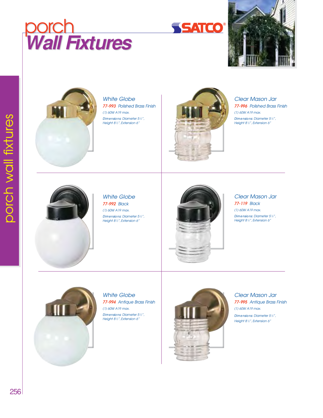 Satco Products 76-695, 76-693 porch, Wall Fixtures, wall fixtures, White Globe, Clear Mason Jar, Polished Brass Finish 