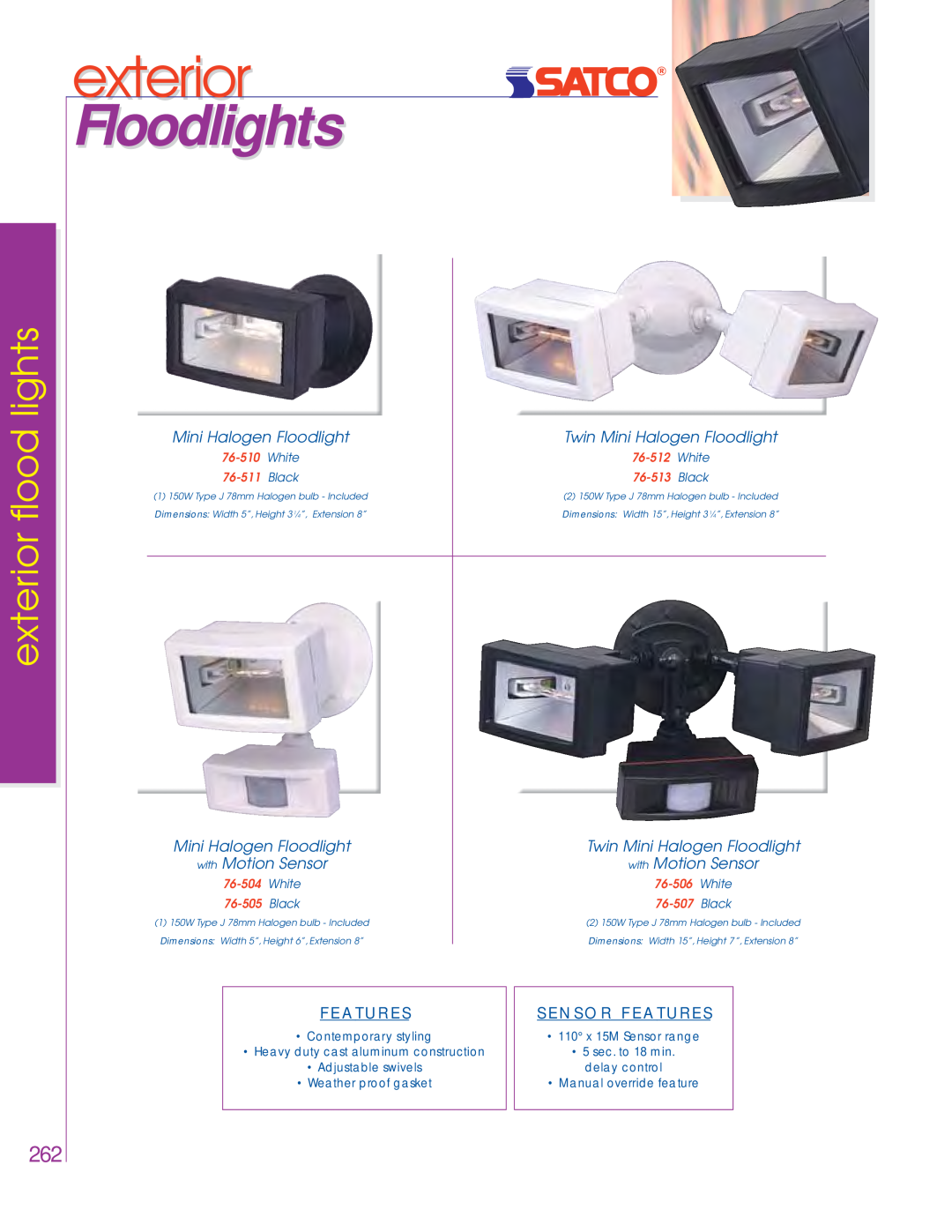 Satco Products 76-693 Twin Mini Halogen Floodlight, with Motion Sensor, • 110 x 15M Sensor range, • 5 sec. to 18 min 