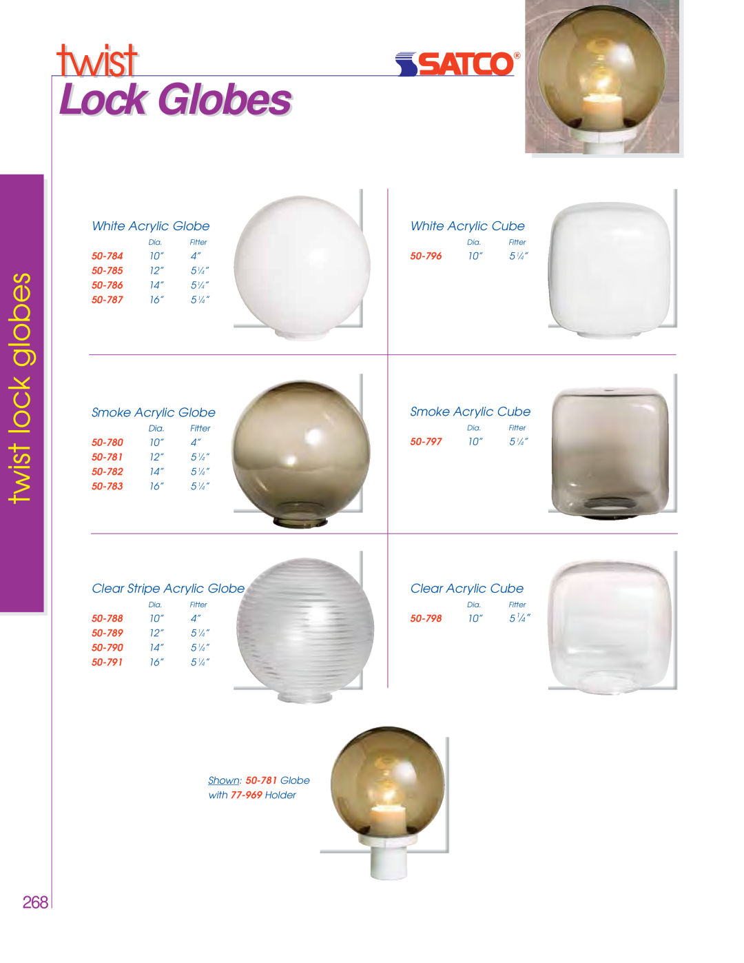 Satco Products 76-444 Lock Globes, twist lock globes, White Acrylic Globe, White Acrylic Cube, Smoke Acrylic Globe 