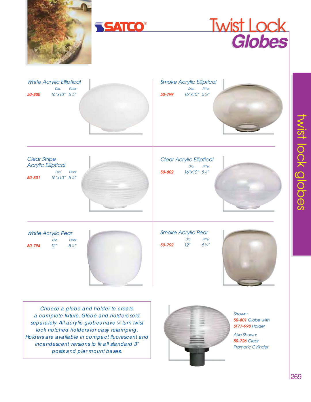 Satco Products 76-445, 76-693, 76-694 Twist Lock, Globes, White Acrylic Elliptical, Smoke Acrylic Elliptical, Clear Stripe 