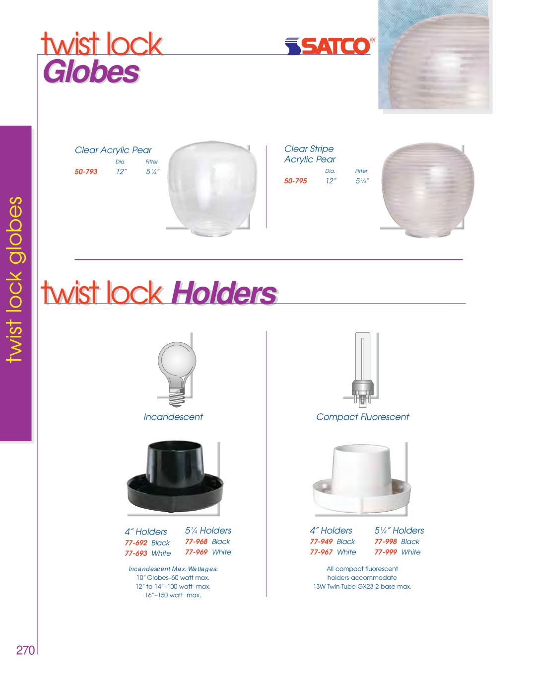 Satco Products 76-693 twist lock, twisti lockl Holders, Clear Acrylic Pear, Clear Stripe Acrylic Pear, Incandescent, Black 