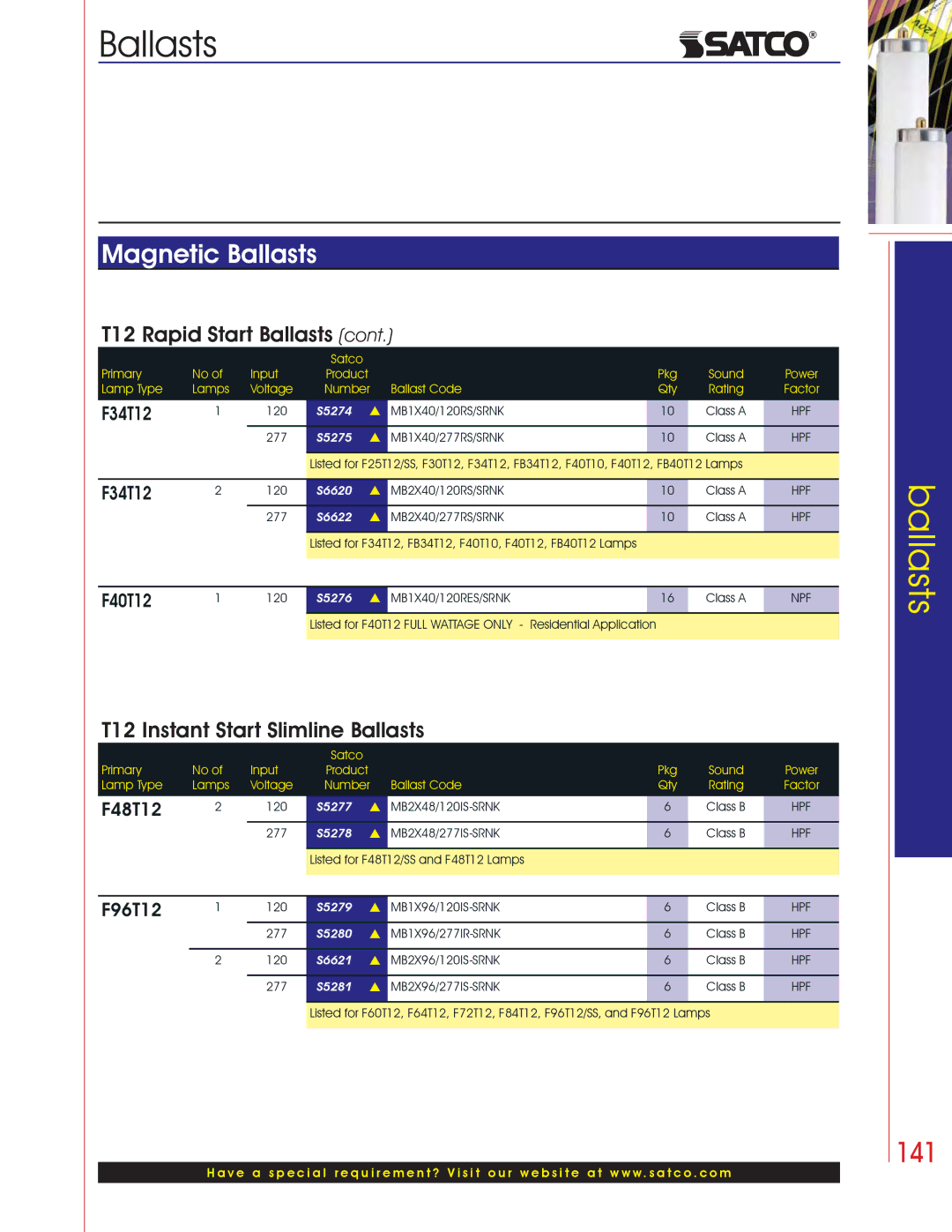 Satco Products Fluorescent Ballasts manual 141, T12 Instant Start Slimline Ballasts 