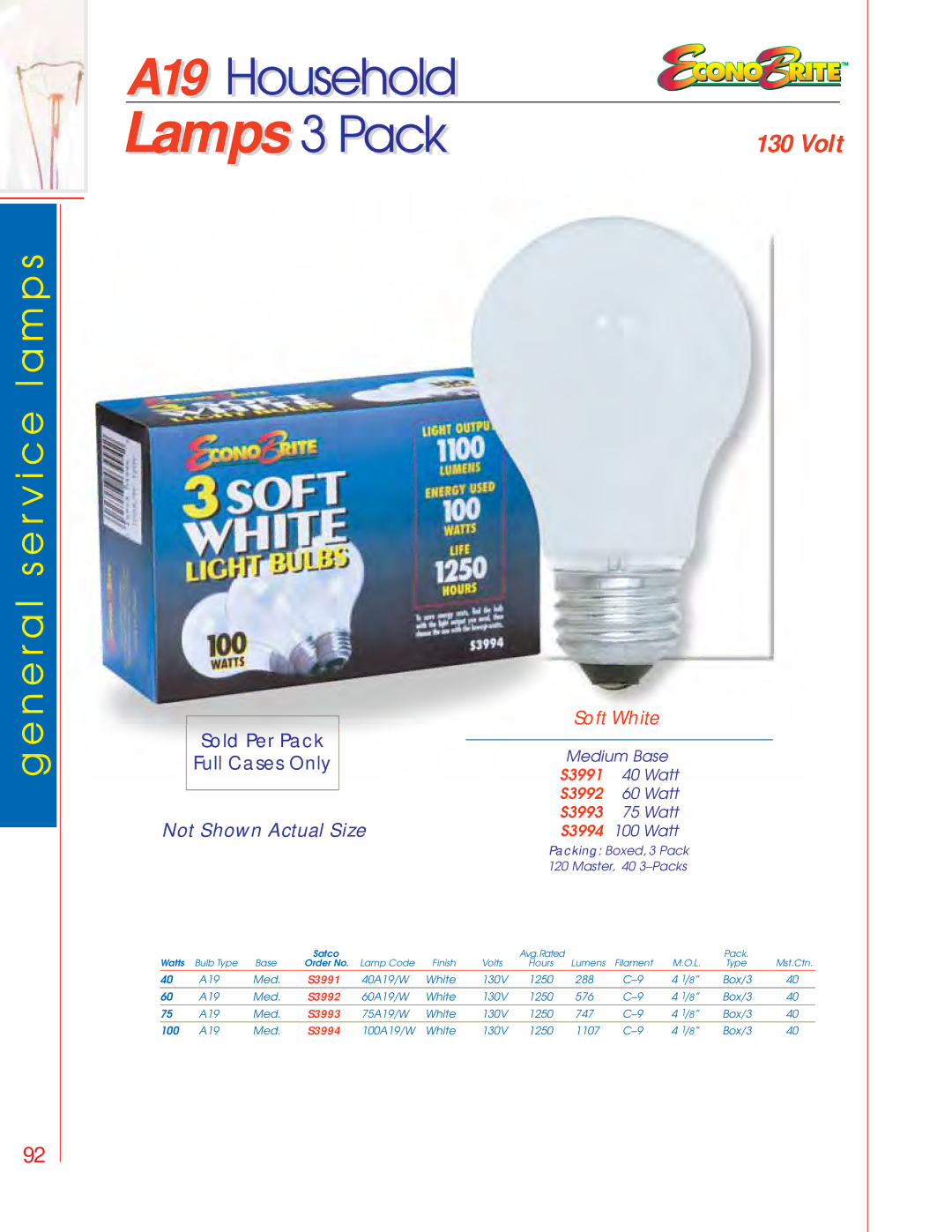 Satco Products S3680, S3681, S3692, S3691 manual Lamps 3 Pack, A19 Householdld, Volt, Sold Per Pack, Full Cases Only 