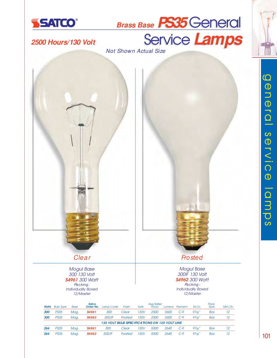 Satco Products S3681 Service Lamps, Brass Base PS35General, g e n e r a l s e r v i c e l a m p s, Hours/130 Volt, Clear 