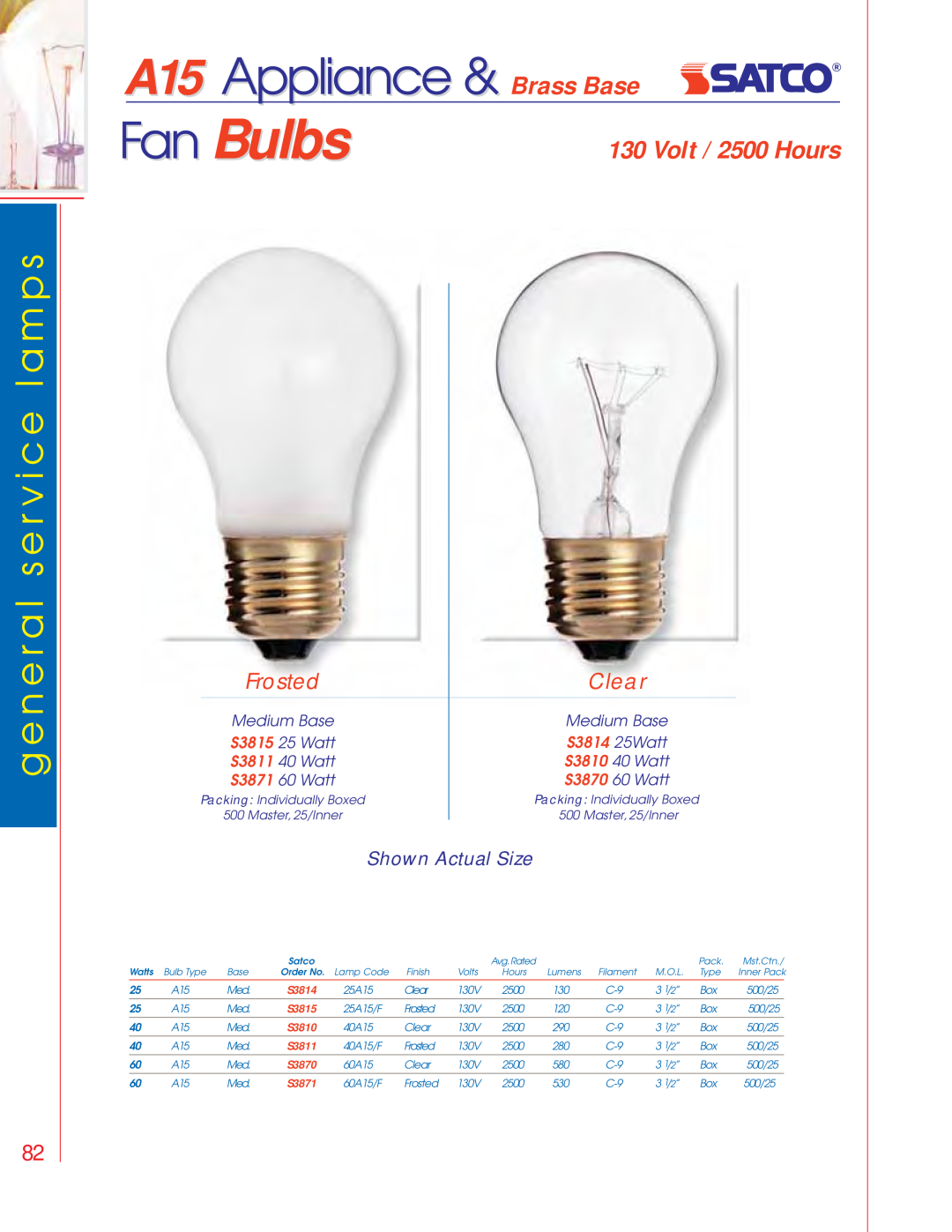 Satco Products S3692 Fan Bulbs, A15 Appliance & Brass Base, Volt / 2500 Hours, S3814 25Watt, Frosted, Clear, S3815, S3810 