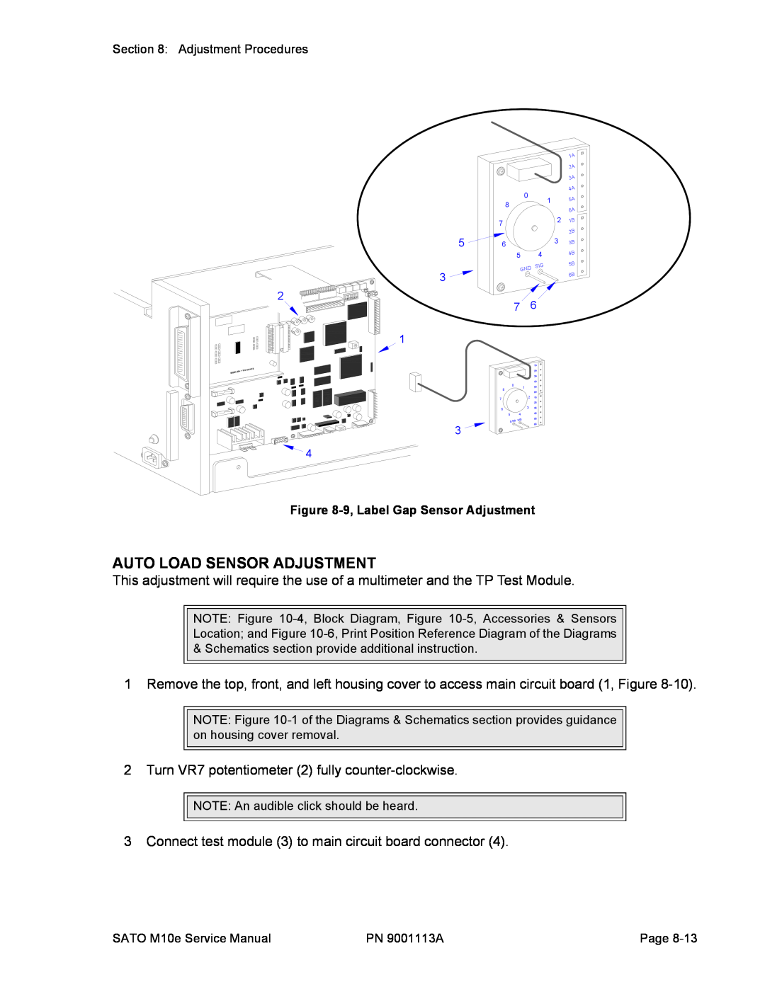 SATO 10e service manual Auto Load Sensor Adjustment, 9, Label Gap Sensor Adjustment 