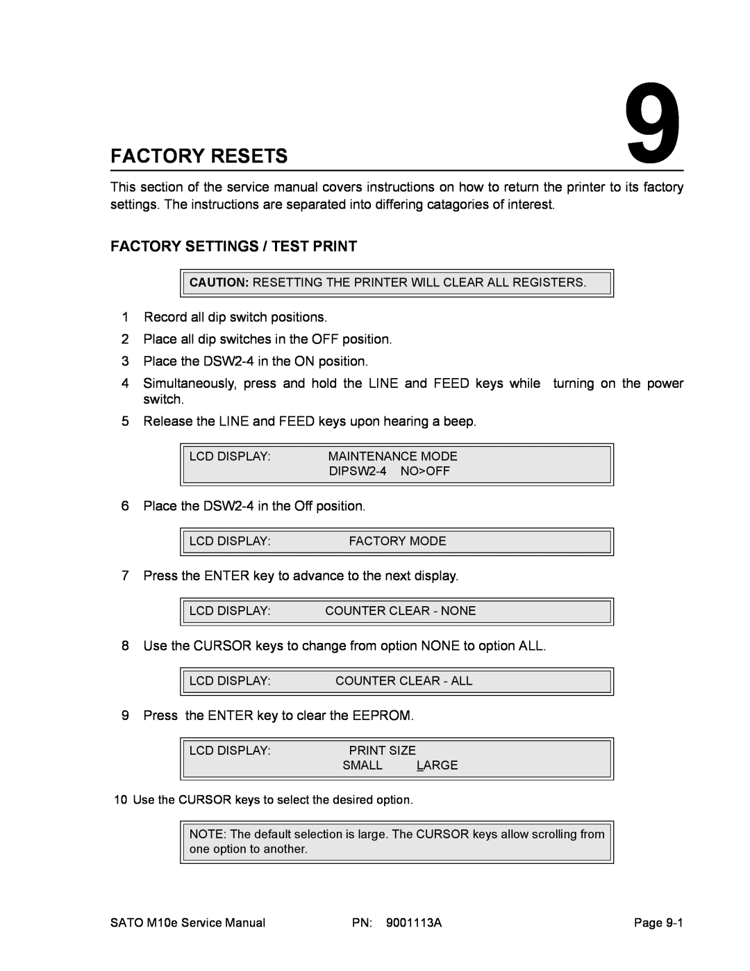 SATO 10e service manual Factory Resets, Factory Settings / Test Print 