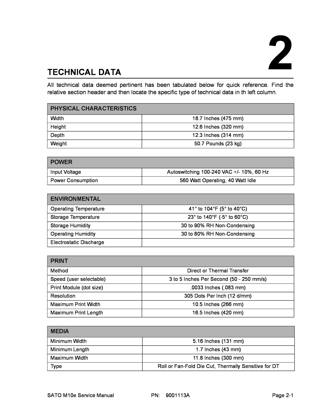 SATO 10e service manual Technical Data, Physical Characteristics, Power, Environmental, Print, Media 