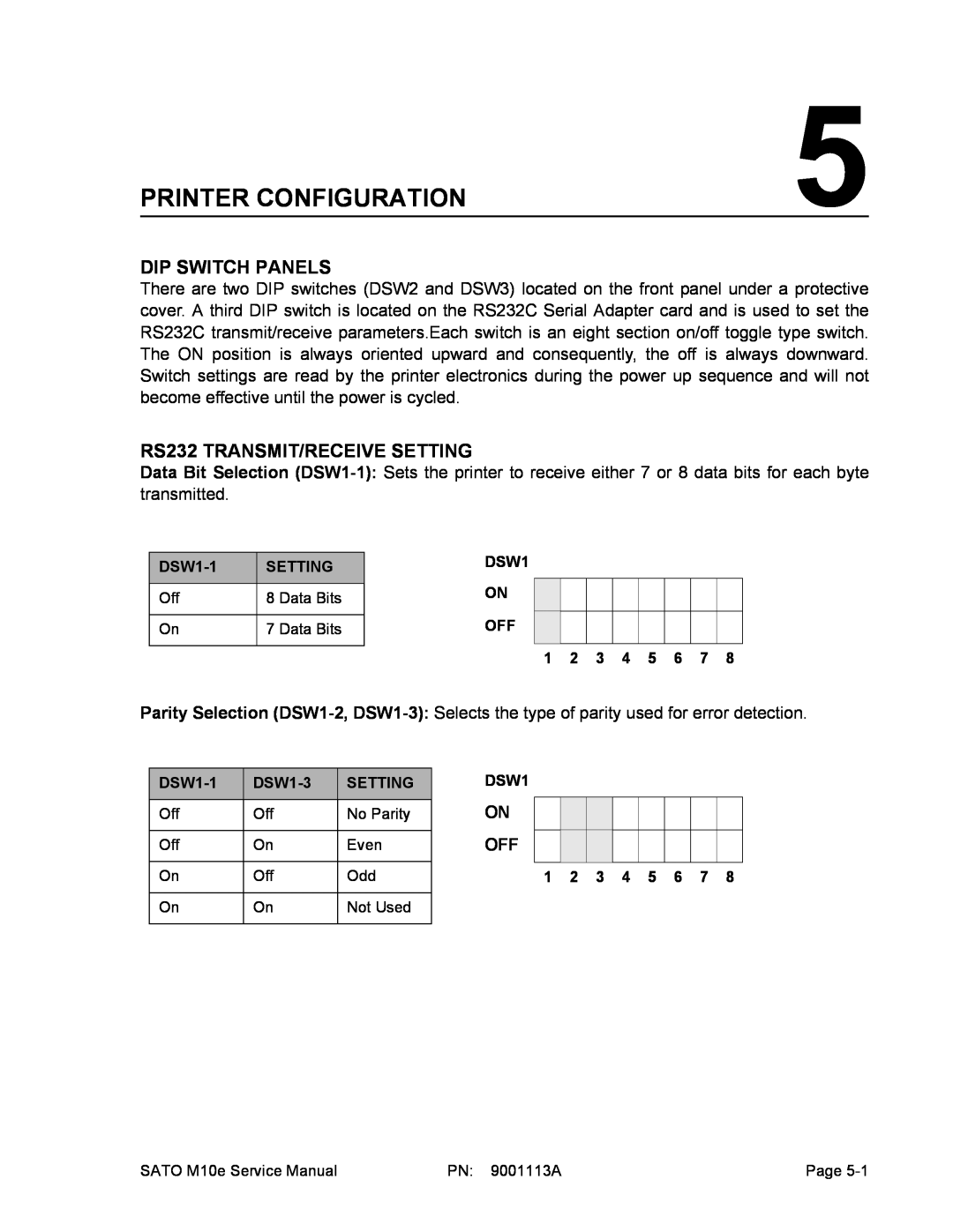 SATO 10e service manual Printer Configuration, Dip Switch Panels, RS232 TRANSMIT/RECEIVE SETTING 