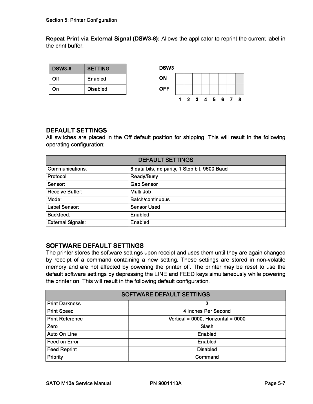 SATO 10e service manual Software Default Settings 