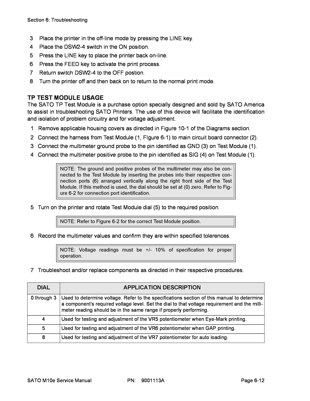 SATO 10e service manual Tp Test Module Usage, Dial, Application Description 