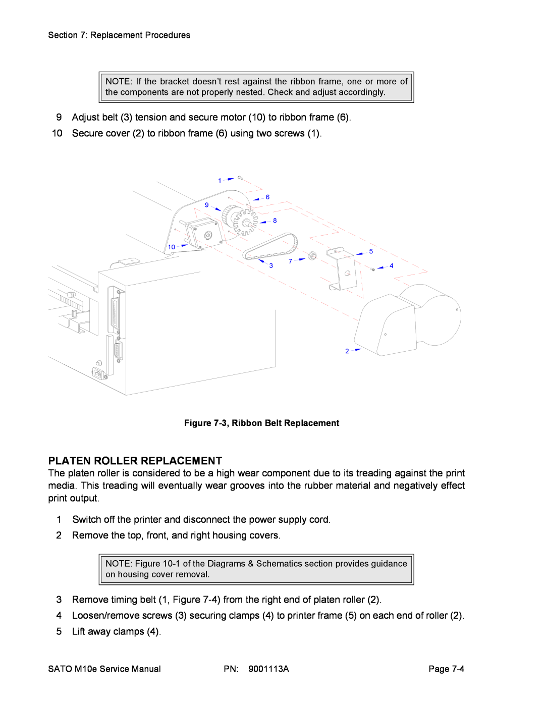 SATO 10e service manual Platen Roller Replacement, 3, Ribbon Belt Replacement 