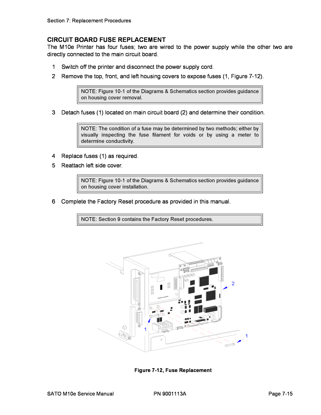 SATO 10e service manual Circuit Board Fuse Replacement, 12, Fuse Replacement 