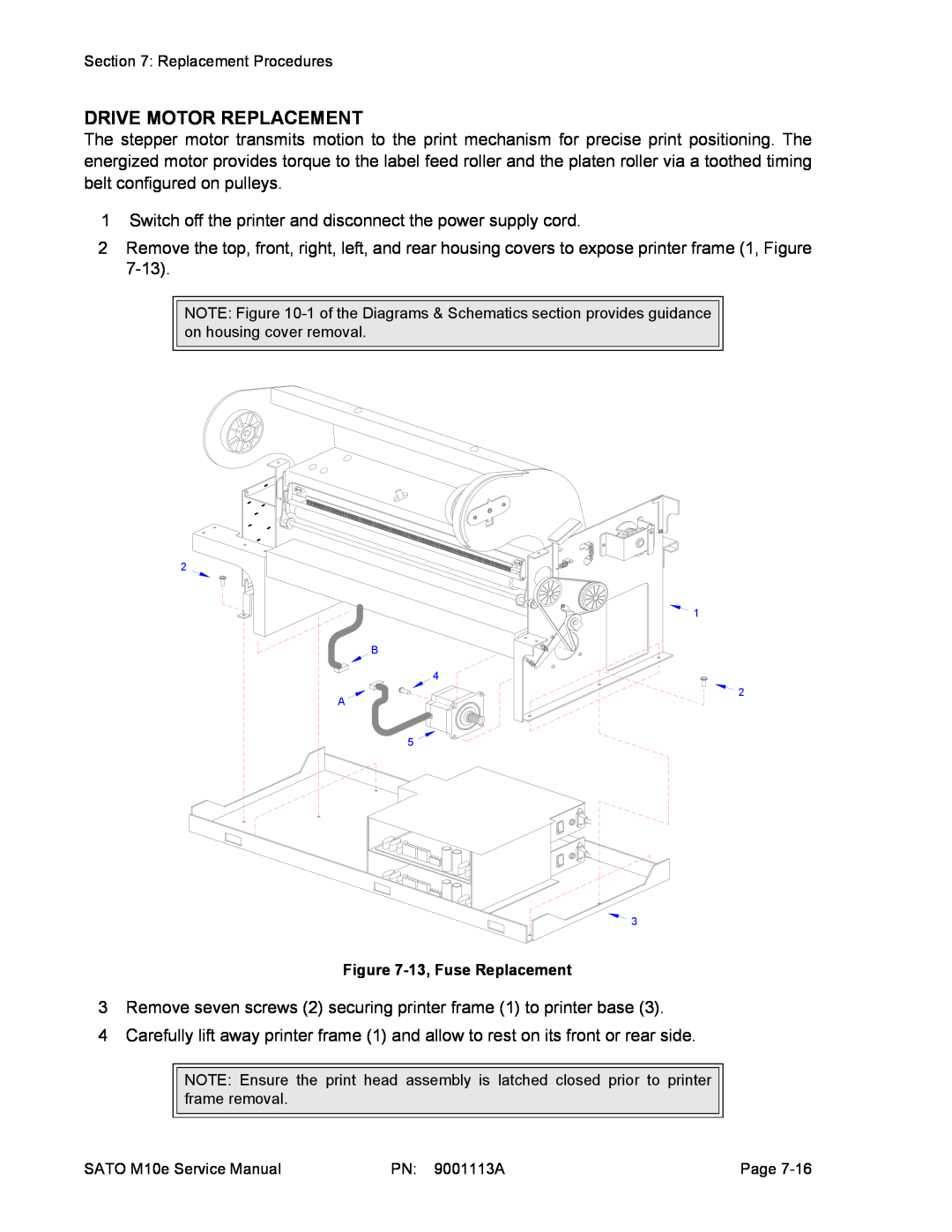 SATO 10e service manual Drive Motor Replacement, 13, Fuse Replacement 