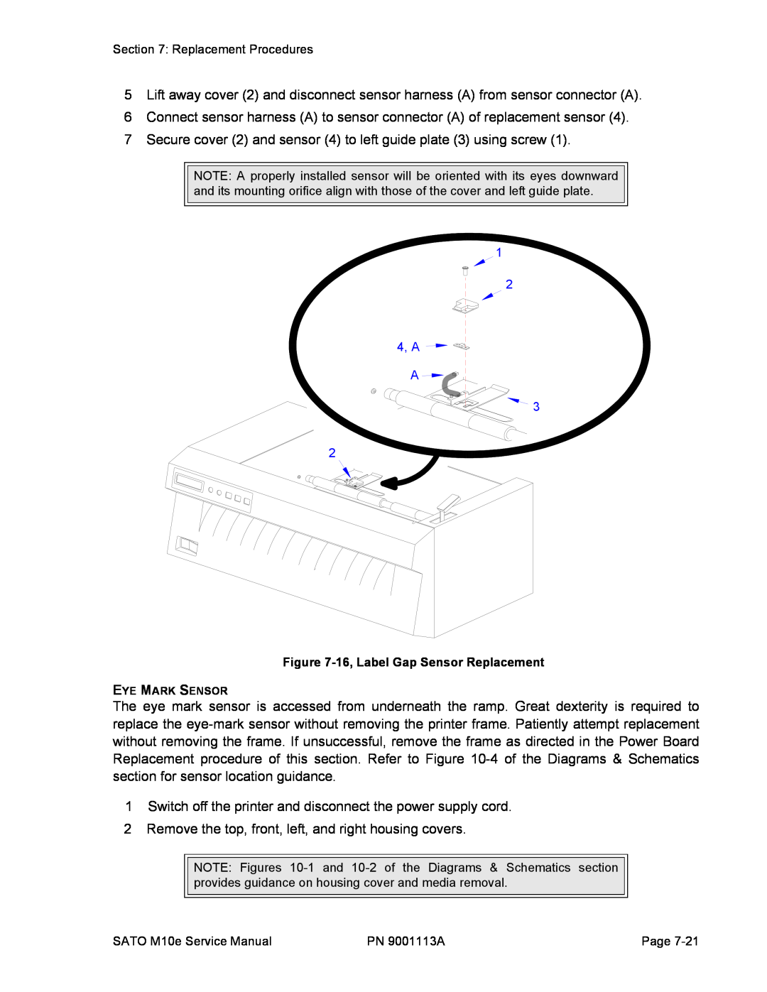 SATO 10e service manual 4, A A, 16, Label Gap Sensor Replacement 