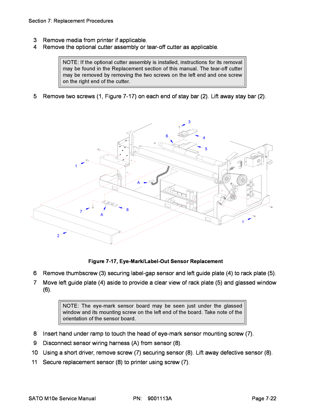 SATO 10e service manual 17, Eye-Mark/Label-Out Sensor Replacement 