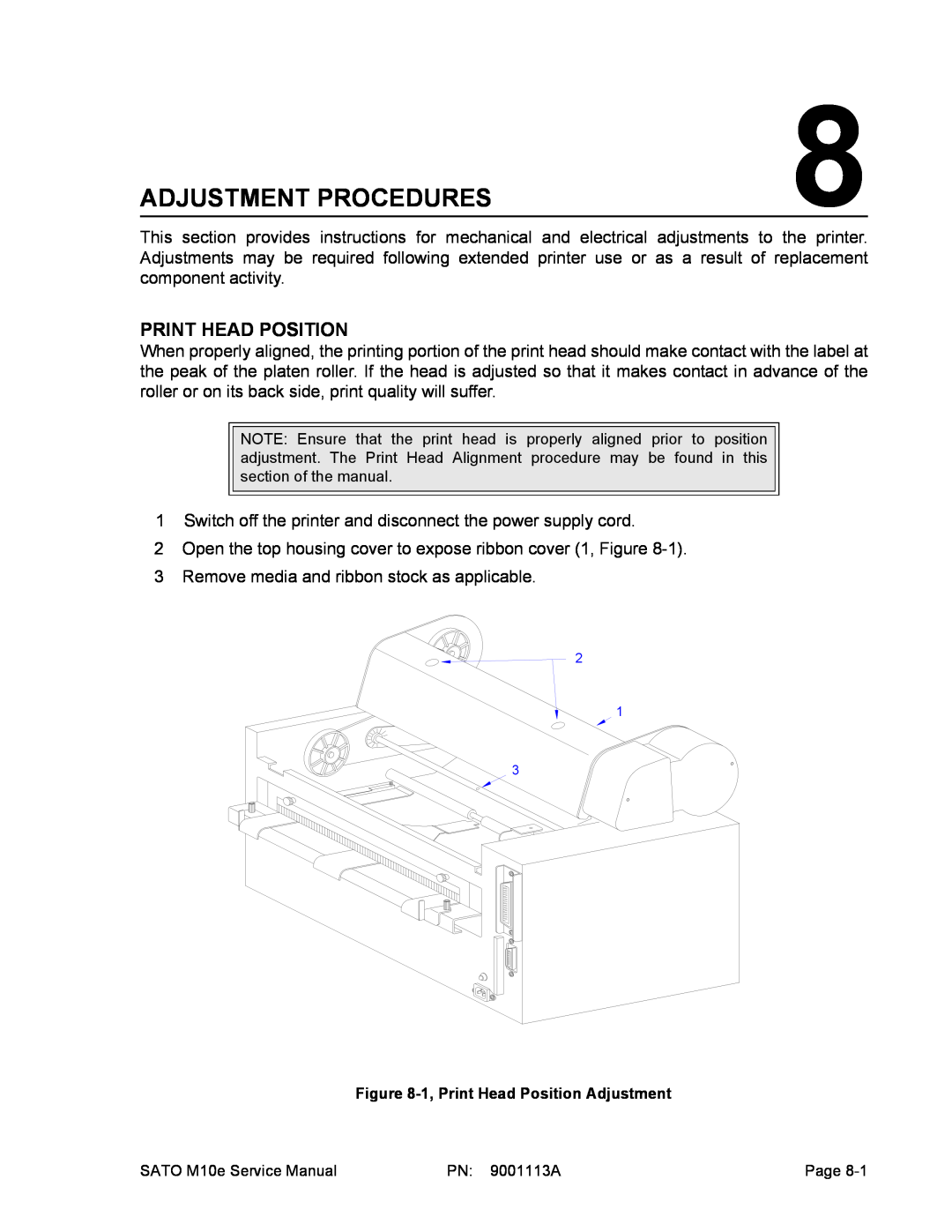 SATO 10e service manual Adjustment Procedures, Print Head Position 