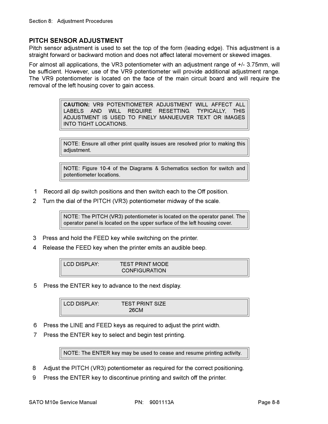 SATO 10e service manual Pitch Sensor Adjustment 