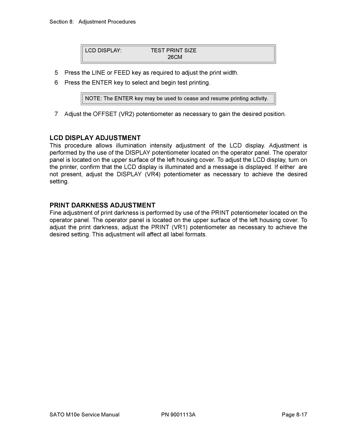 SATO 10e service manual LCD Display Adjustment, Print Darkness Adjustment 