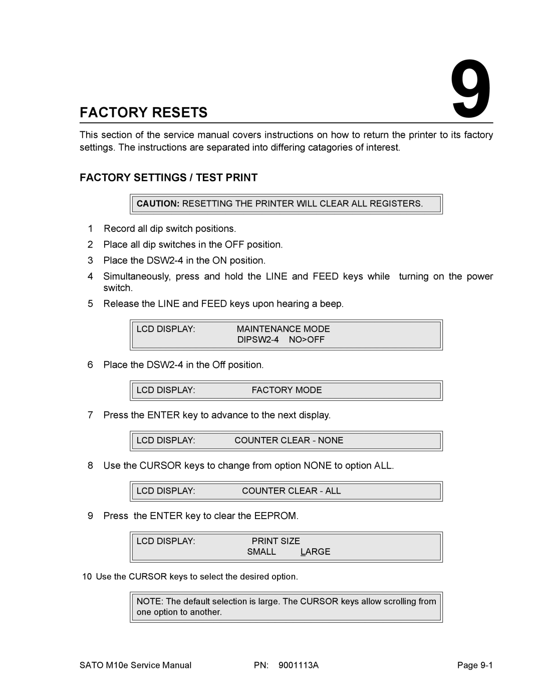 SATO 10e service manual Factory Resets, Factory Settings / Test Print 