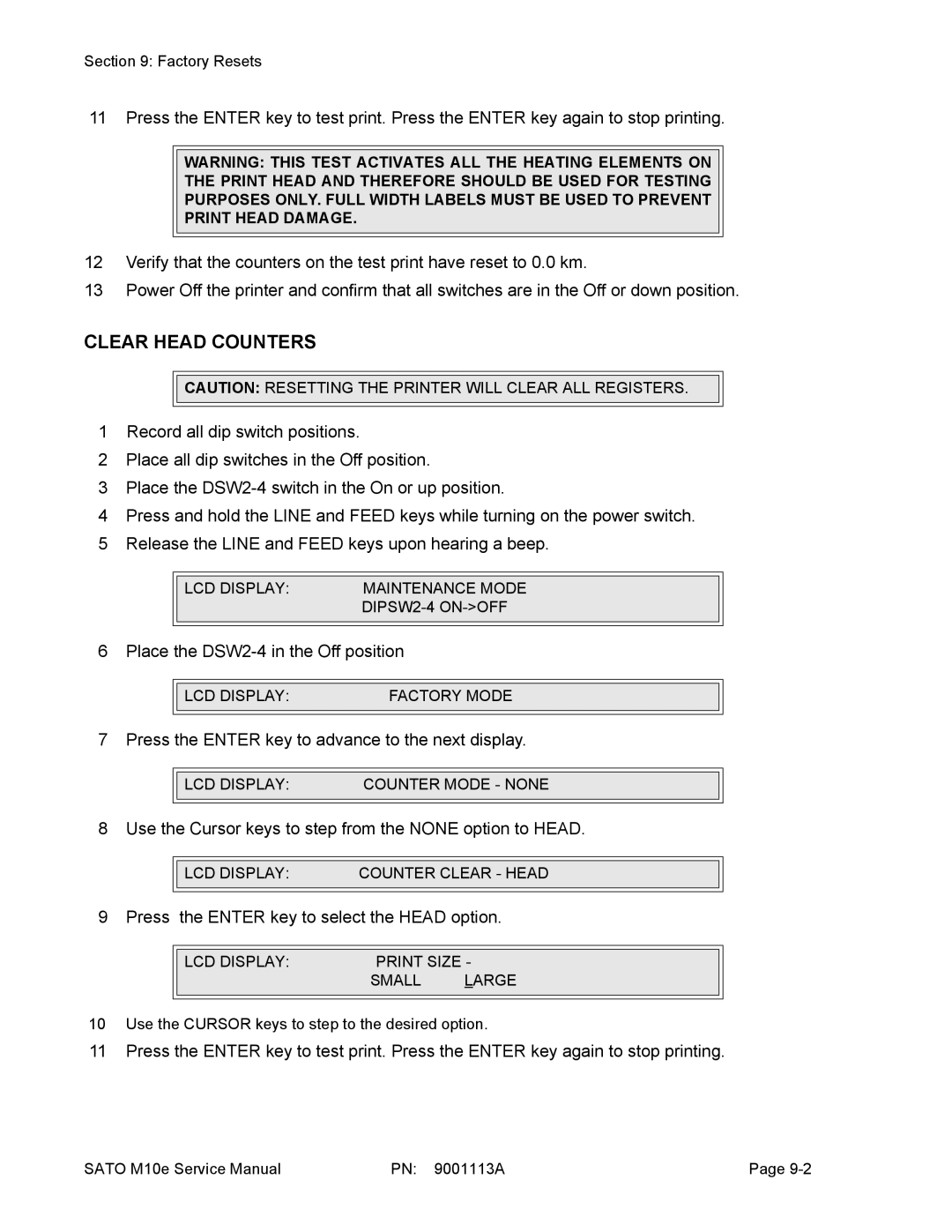 SATO 10e service manual Clear Head Counters 