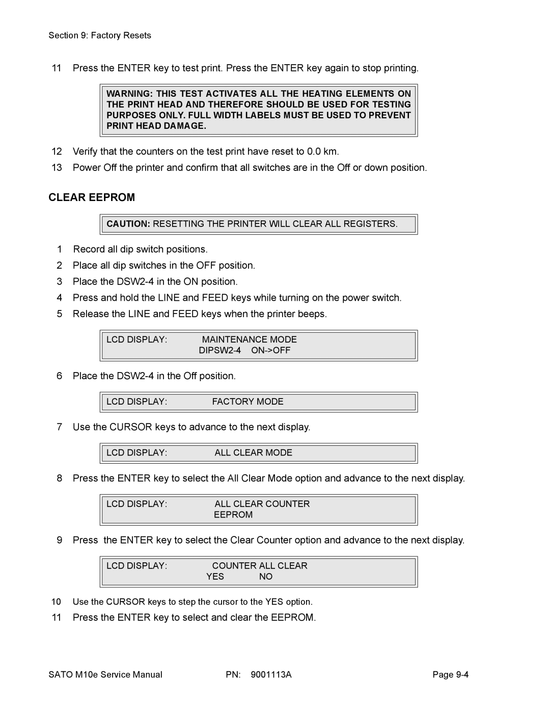 SATO 10e service manual Clear Eeprom 