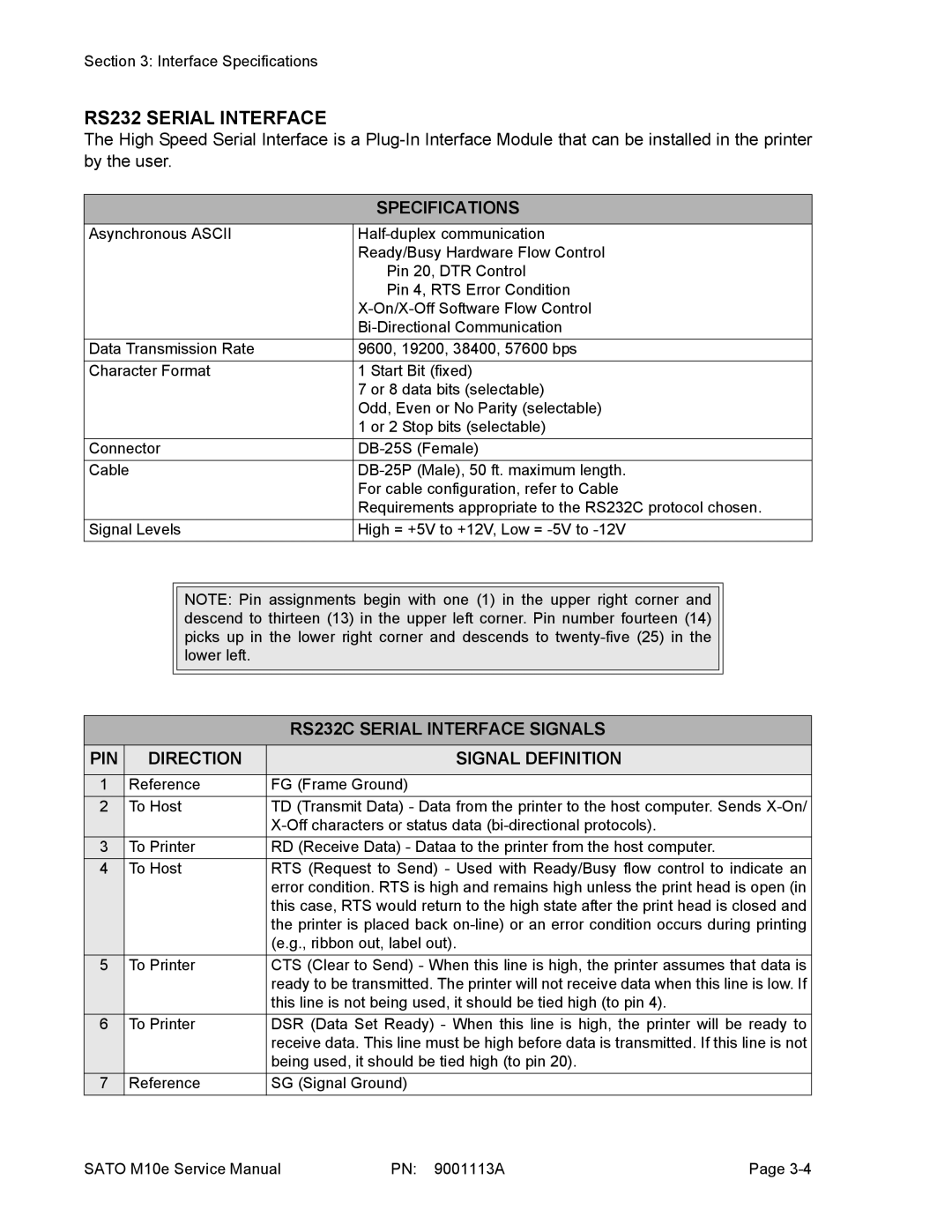 SATO 10e service manual RS232 Serial Interface, RS232C Serial Interface Signals, Direction Signal Definition 