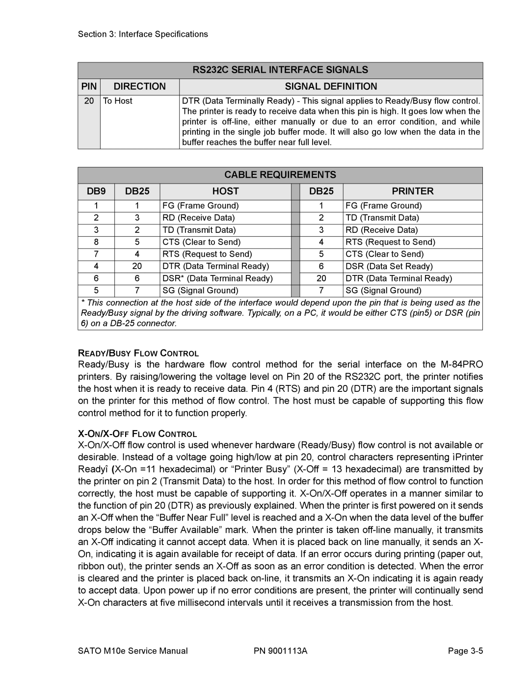 SATO 10e service manual Cable Requirements DB9, Host, Printer 