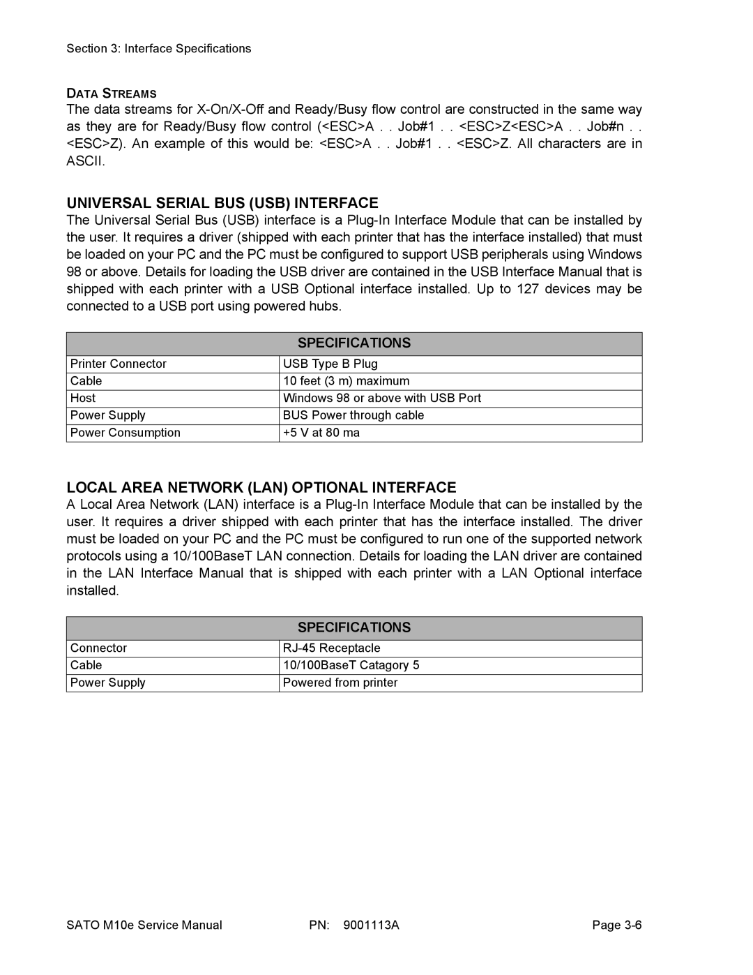 SATO 10e service manual Universal Serial BUS USB Interface, Local Area Network LAN Optional Interface 