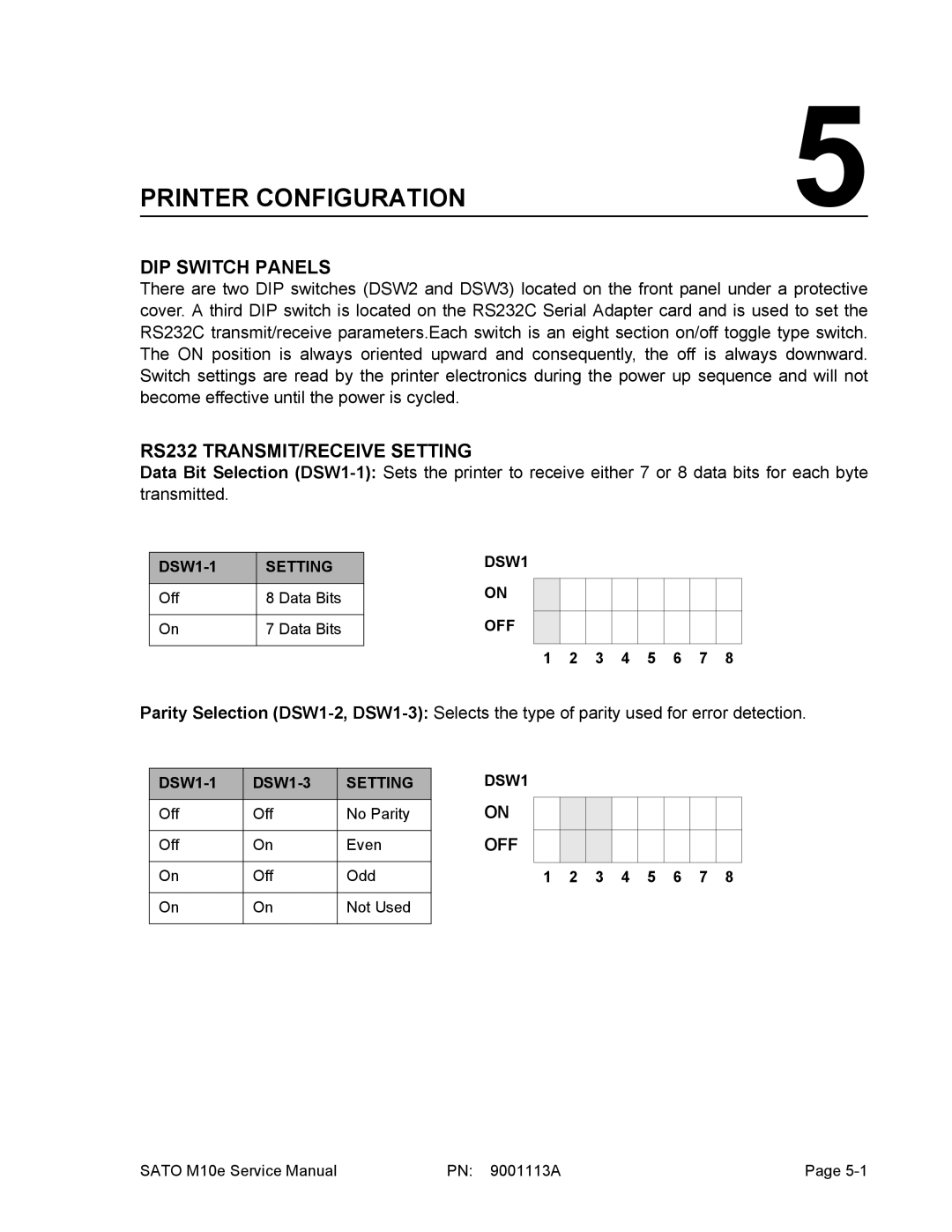 SATO 10e service manual DIP Switch Panels, RS232 TRANSMIT/RECEIVE Setting, Off 