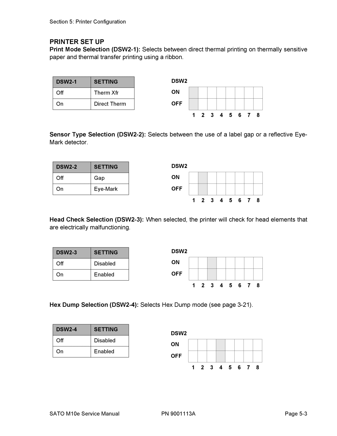 SATO 10e service manual Printer SET UP, DSW2 OFF 