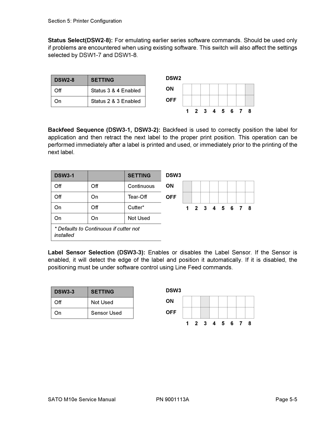 SATO 10e service manual Setting DSW3, DSW3 OFF 