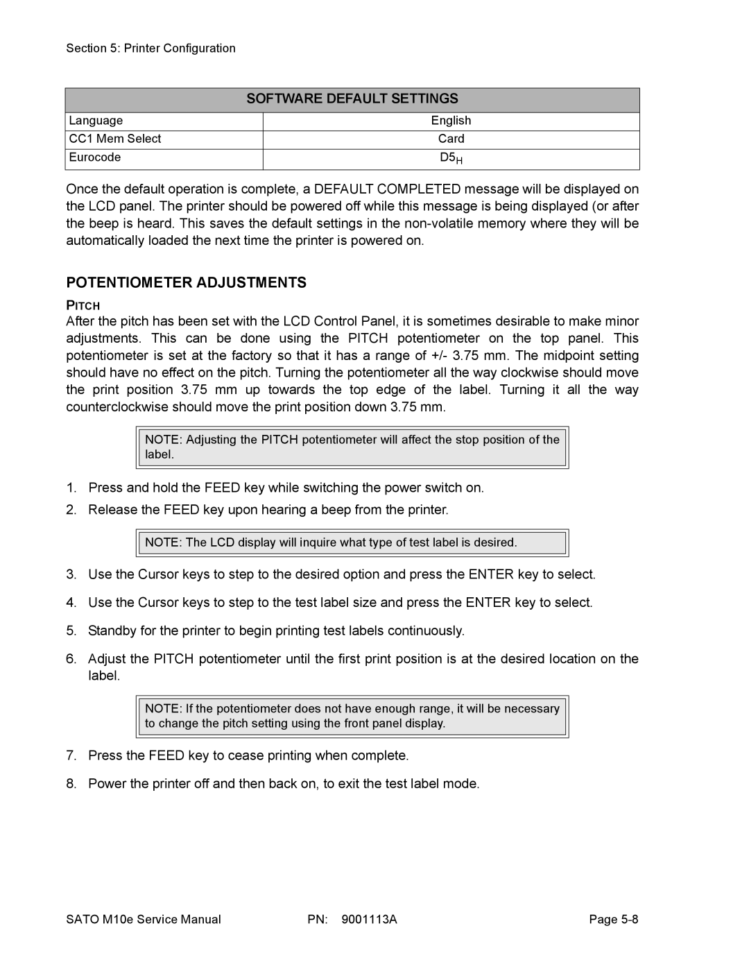 SATO 10e service manual Potentiometer Adjustments 