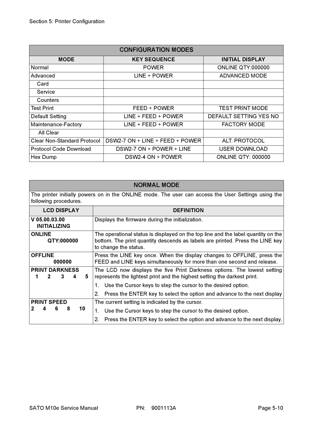 SATO 10e service manual Configuration Modes, Normal Mode 