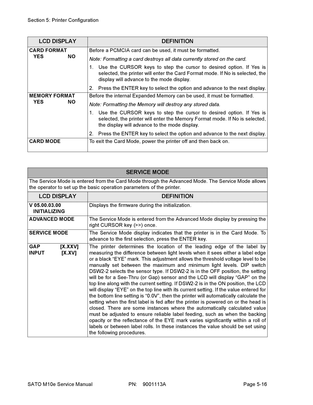 SATO 10e service manual Service Mode 