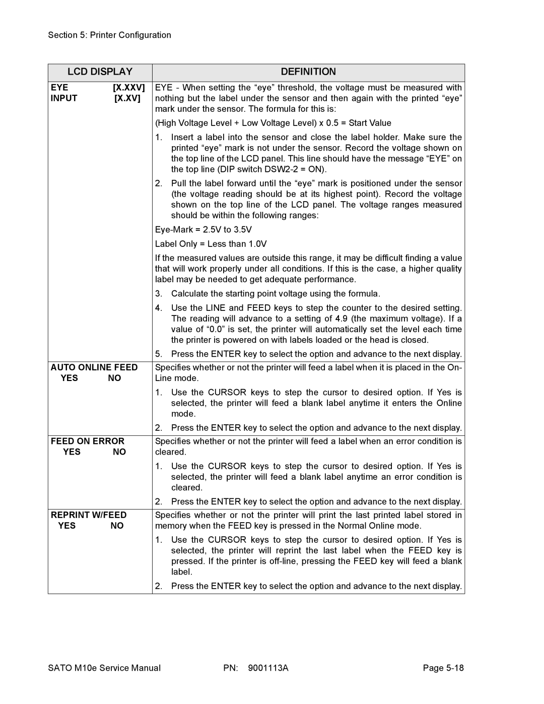 SATO 10e service manual Eye Xxv, Auto Online Feed, Feed on Error, Reprint W/FEED 