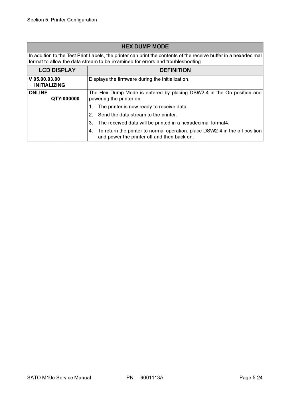 SATO 10e service manual HEX Dump Mode, QTY000000 