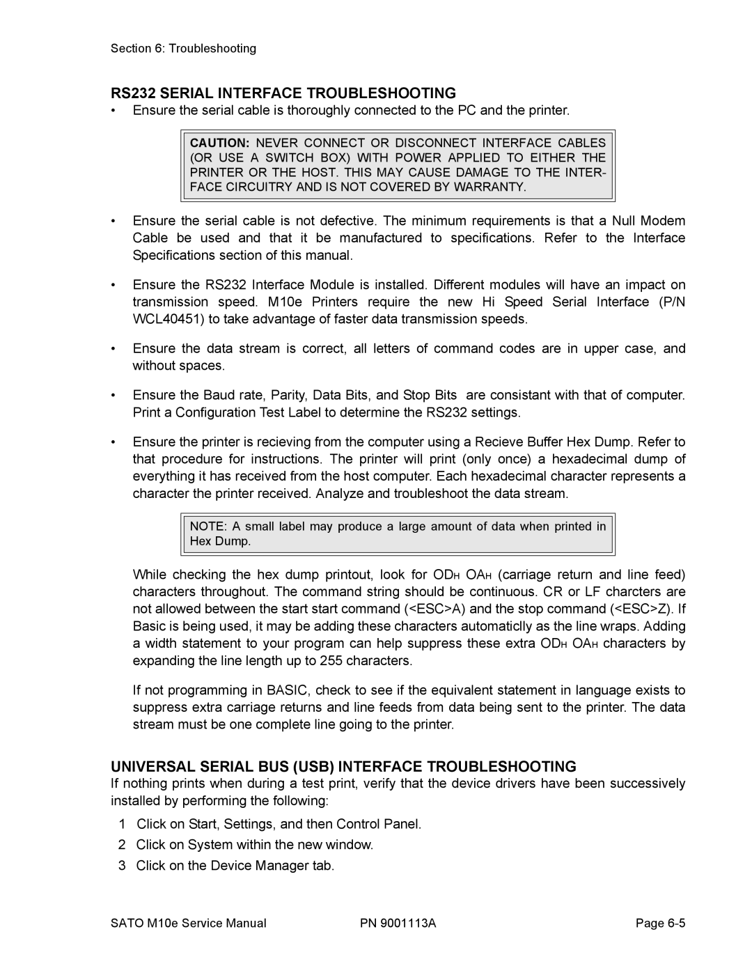 SATO 10e service manual RS232 Serial Interface Troubleshooting, Universal Serial BUS USB Interface Troubleshooting 