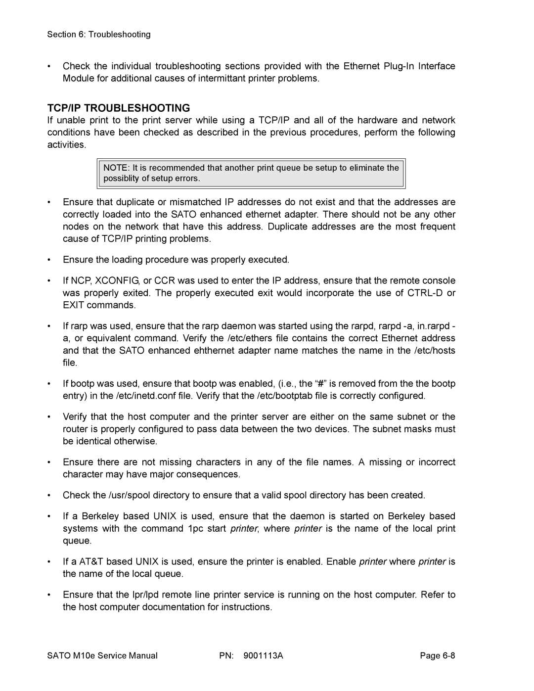 SATO 10e service manual TCP/IP Troubleshooting 